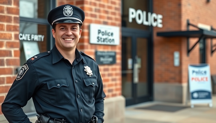 Smiling police officer in front of station, Lebensgeschichten von Polizisten.