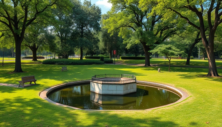 Peaceful green park scene with a pond and trees, Heimat der Biene Maja.