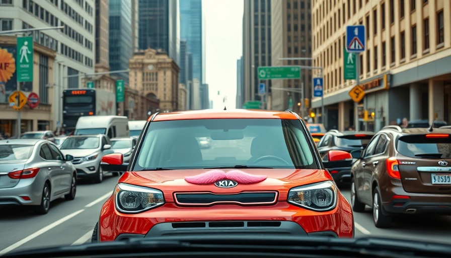 Red Kia Soul with pink mustache in city traffic, Robotaxis in Deutschland concept