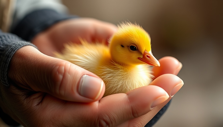 Entenküken gefunden: A gentle hand holds a small duckling close-up.