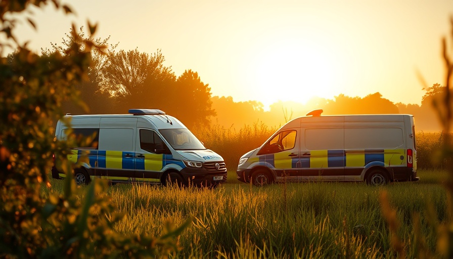 Police vans at sunrise in a field, privacy and surveillance theme.