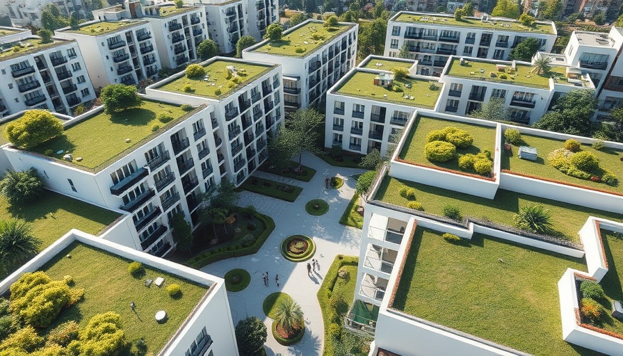 Aerial view of modern housing complex in Hamburg with green rooftops.
