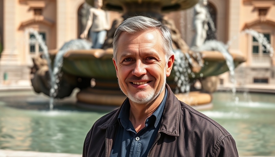 Mature man near ornate fountain, Bad Oldesloe Riesenparkhaus S4.