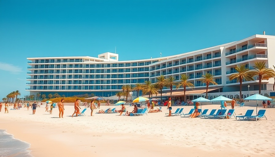 Modern beachfront hotel on Ostseeküste with vibrant beachgoers.