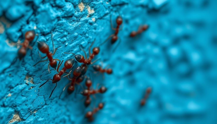Ameisen im Mauerwerk: Close-up of ants on blue wall.