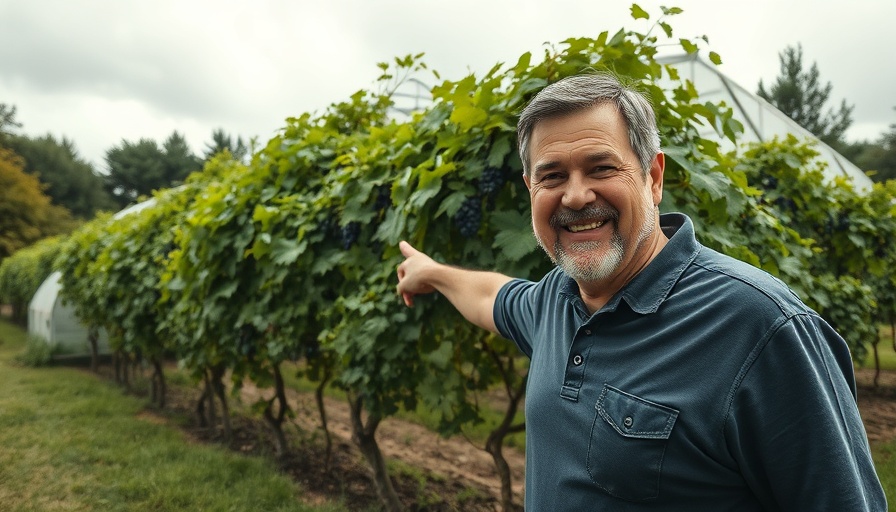 Kaputtes Gewächshaus mit Wein bepflanzt, smiling man in garden, cinematic photo.