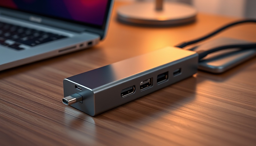 Sleek 7-in-1 USB-C hub on desk, multiple ports visible.