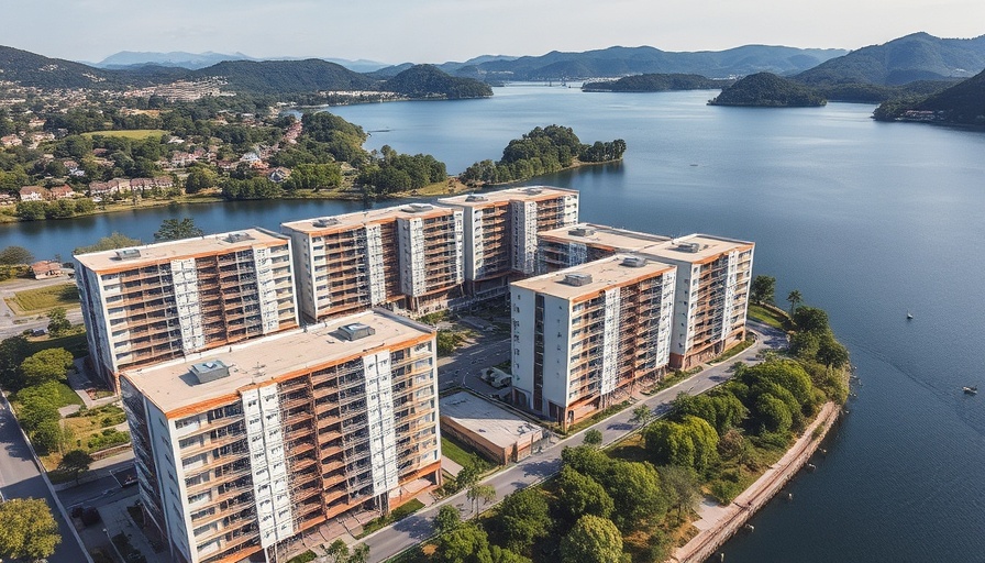 Aerial view of Wohneinheiten auf der Freiheit under construction by a lake.