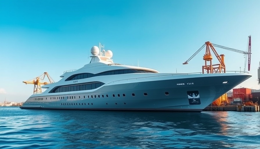 Sleek Superyacht Cosmos docked in shipyard under clear blue sky.