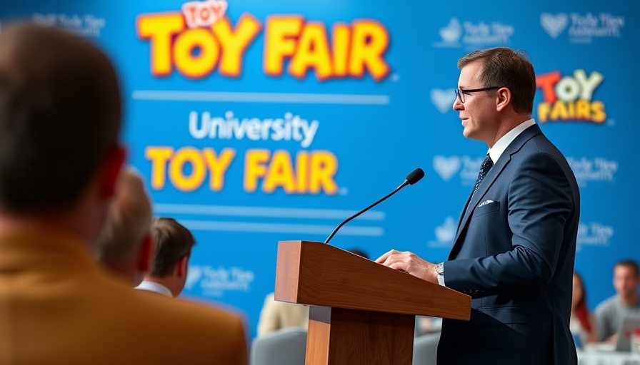 Professional speaker at Toy Fair University podium.