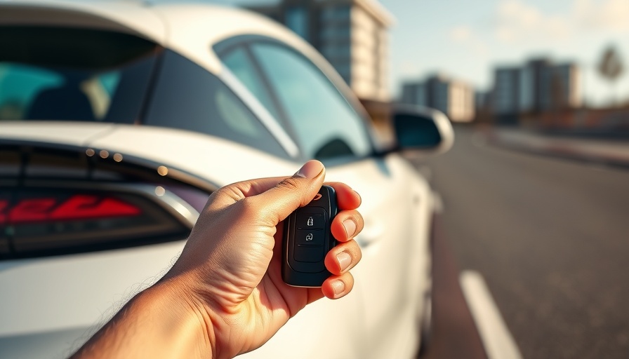 Hand holding car key in front of white car; car security concern.