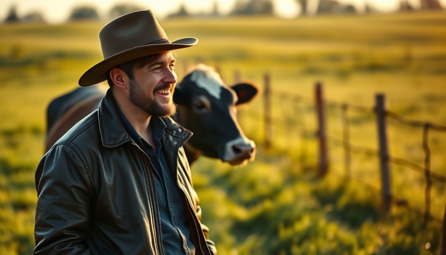 Regenerative Landwirtschaft: Man engaging with cow in sunny pasture.