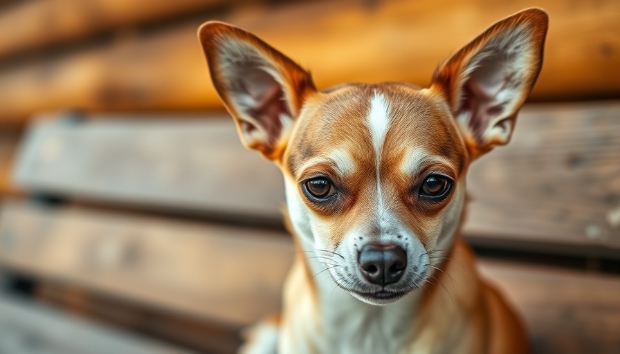 Close-up of a Chihuahua on a wooden bench.