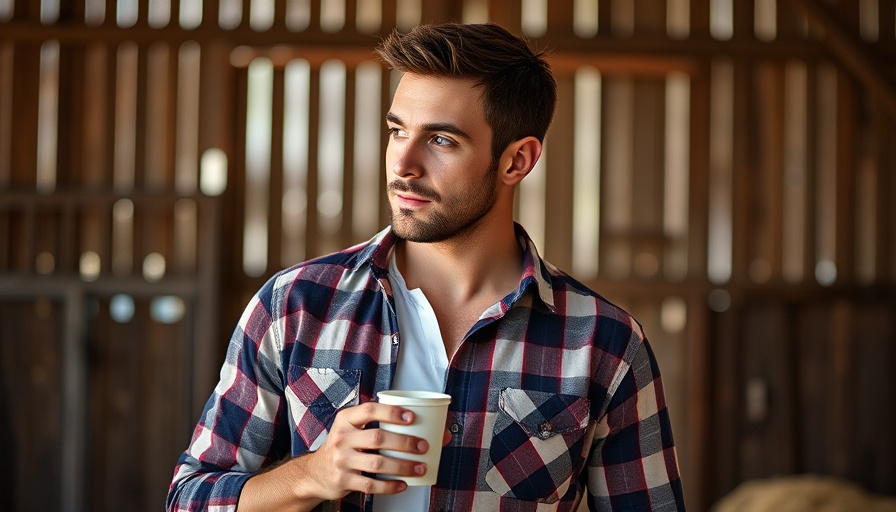 Man in plaid shirt holding cup in rustic barn, Kraftsaft für nachhaltige Landwirtschaft.