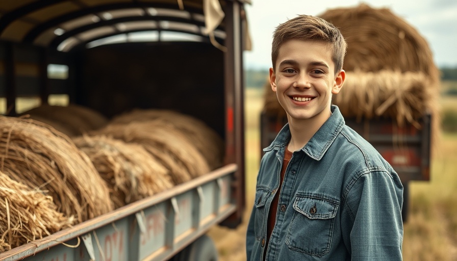 Leben auf dem Land: Smiling young person with hay bales on a farm.