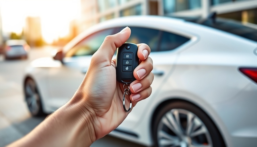 Hand holding car keys in front of white car; Sicherheitslücken in vernetzten Fahrzeugen context.