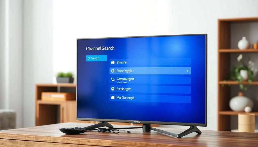 Modern TV displaying channel search settings with remote on table.