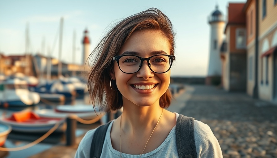 Young woman smiling at Sylt harbor with lighthouse.
