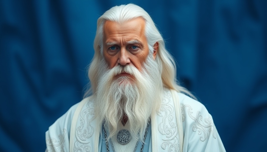 Elderly man in white robe from Gollum film, thoughtful expression