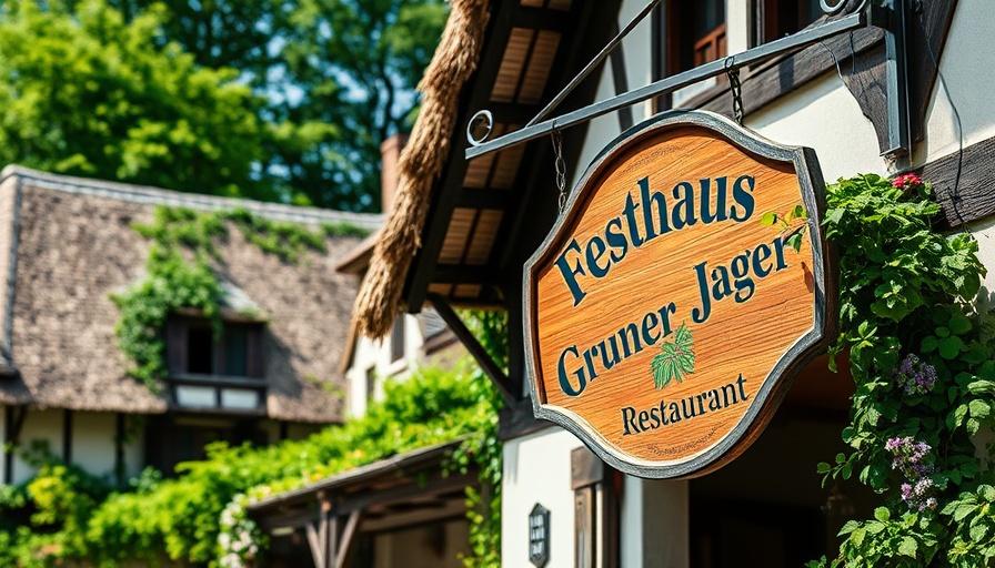 Rustic restaurant sign 'Forsthaus Grüner Jäger' with lush greenery.