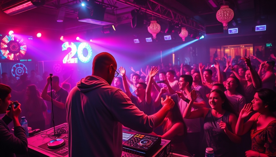 DJ energizing crowd in vibrant nightclub with colorful lights.
