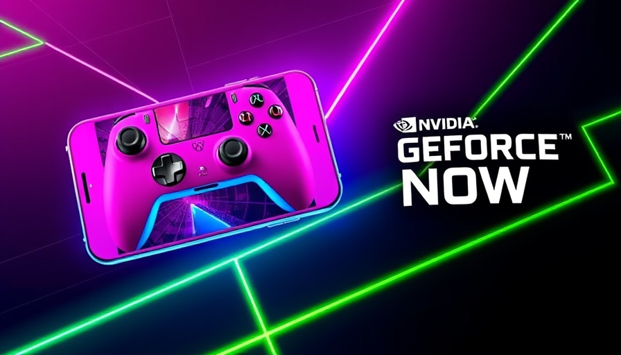 5G+ Gaming concept with phone and controller on tech background.