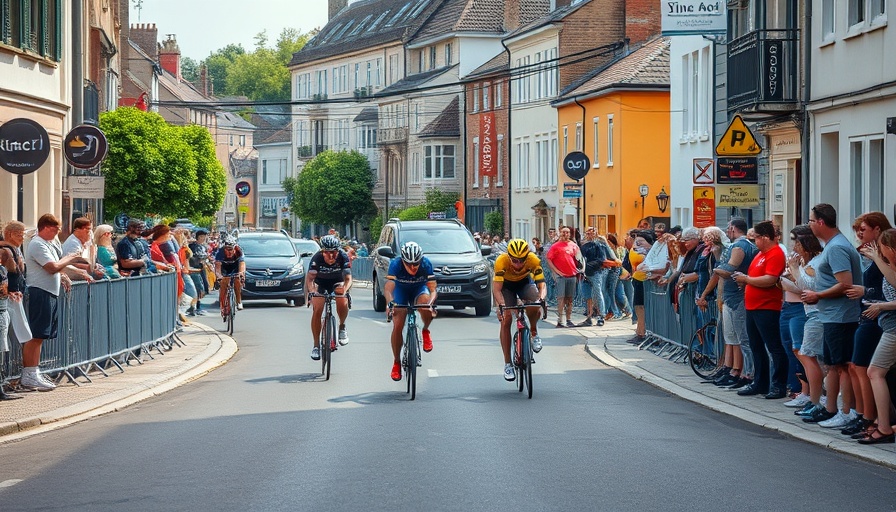 Deutschland Tour cycling race with cheering spectators and support vehicles in a vibrant town.