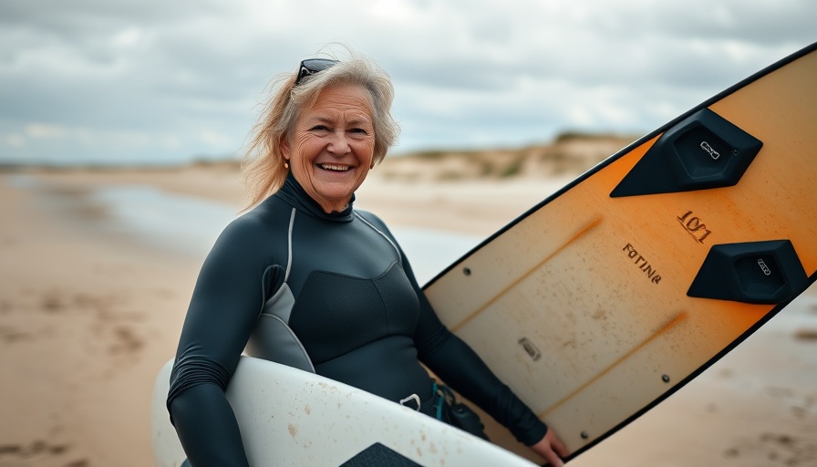 Older woman ready for Kite-Surfen in St. Peter-Ording on a cloudy beach.