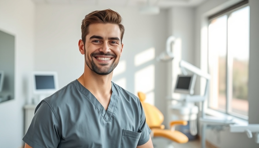 Smiling dentist in clinic, promoting 'sicher und schnell zu festen Zähnen'