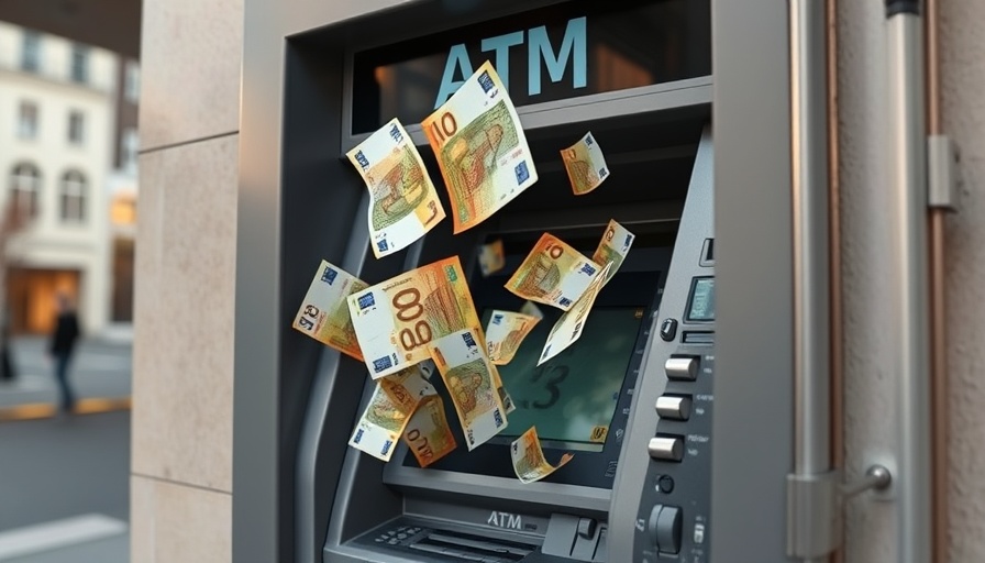 ATM machine with floating Euro banknotes depicting hacking concept.