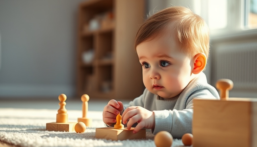 Baby playing with Montessori Holzspielzeug Fensterbausteine Stapelperlen on carpet.