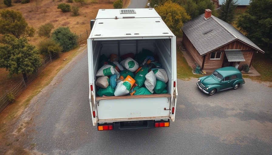 Rural garbage truck scene with green car and house - Verbrennerverbote Kalifornien USA.