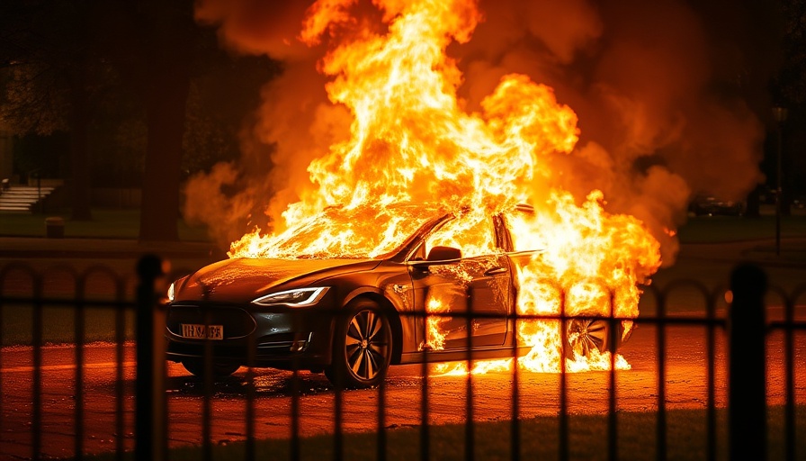 Electric car on fire at night with intense flames, Akkus in E-Autos Brände.