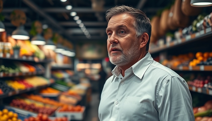 Middle-aged man at Hamburger Großmarkt, speaking earnestly, indoor.