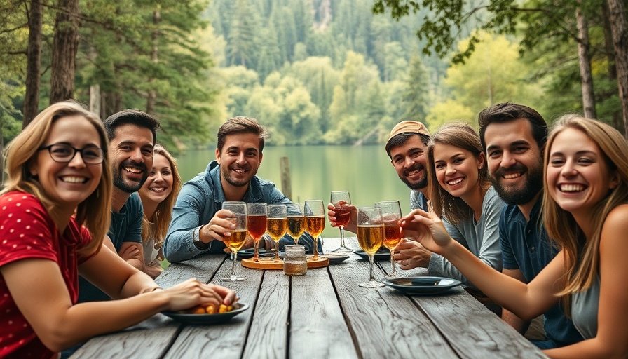 Camping im Harz: Group of friends smiling at campsite.
