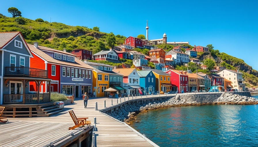 Coastal village on Helgoland with colorful houses and boardwalk.