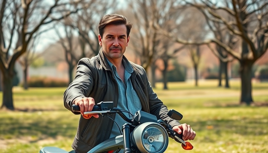 Mann mit leichtem E-Bike im Park, sonniger Tag