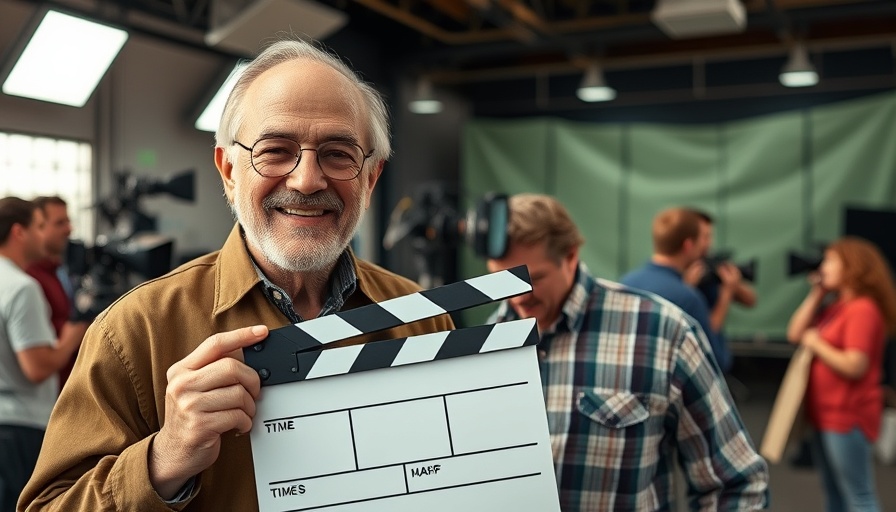 Morden im Norden film studio scene with two men and clapperboard.