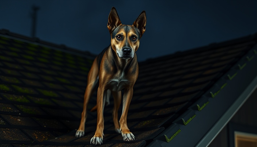 Feuerwehr rettet Hund Kingsman auf Dach bei Nacht, Hund wartet auf Rettung.