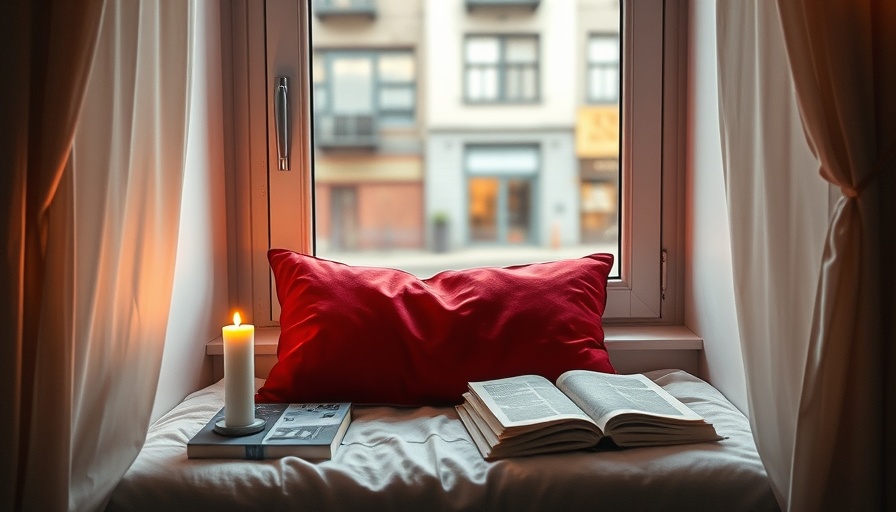 Cozy window nook selfcare setting with books and candle.