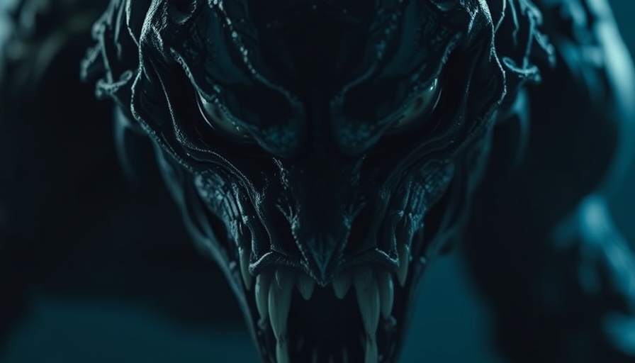 Horrific close-up of a monster's face, eyes glowing ominously.