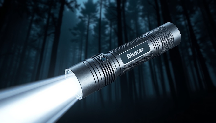 Blukar LED-Taschenlampe 500.000 Lumen lighting up a misty forest.