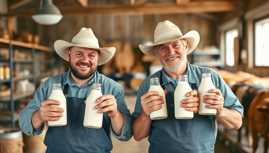 Farmers with milk bottles at farm store, dairy challenges.