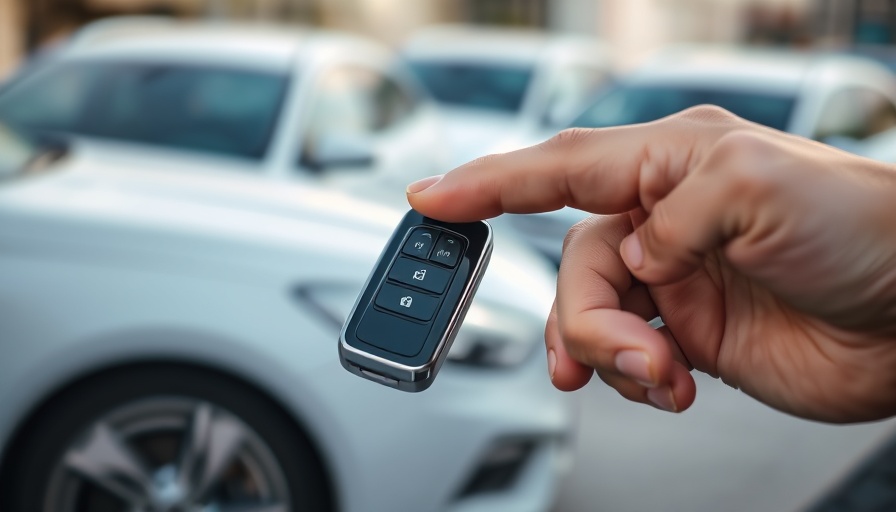 Hacking-Firmware Autos: Hand with key fob near car.