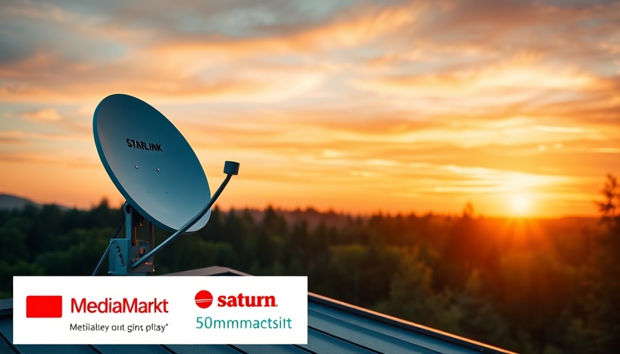 Starlink satellite dish on a rooftop at sunset with MediaMarkt and Saturn logos.