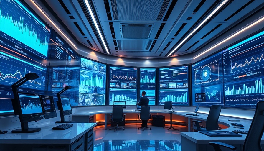 Modern office with digital data screens, technology theme.