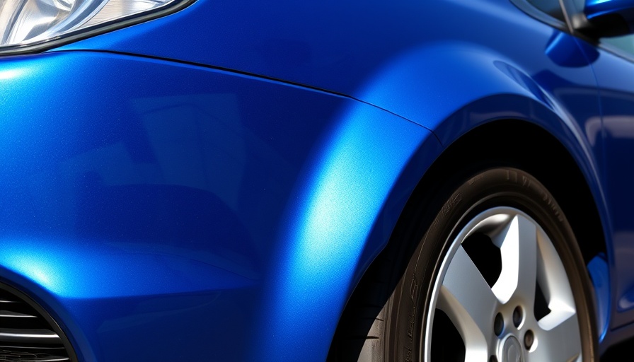 Blaues Auto auf Asphaltstraße vor Ziegelsteinmauer, seitliche Aufnahme.