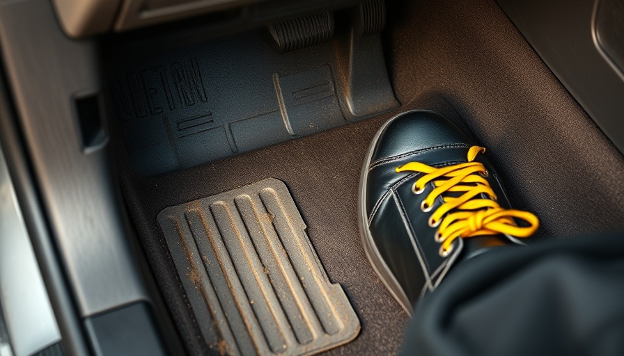 Auto Fußraum reinigen: Car footwell with dirty mat and black shoes.