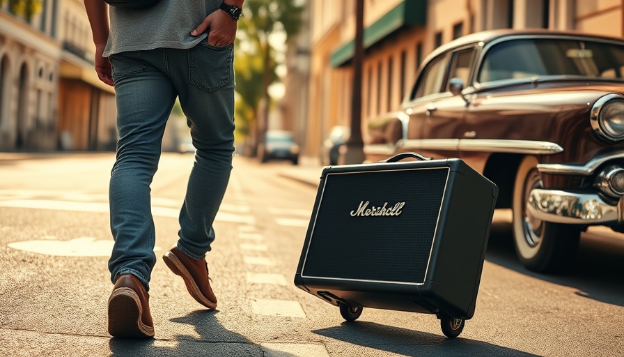 Sleek amplifier and classic car on sunny street, Marshall Bromley 750.