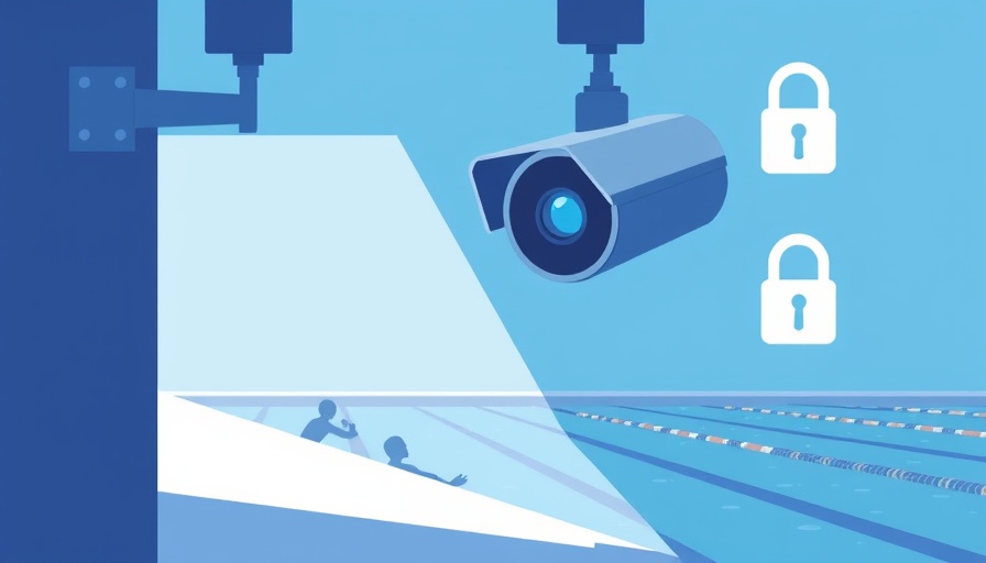 Illustration of videoüberwachung in schwimmbädern featuring camera and swimmers.